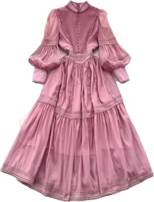 Lace Embroidery Hollow Out Splice Organza Evening Dress Women's Stand Long Puff Sleeve Party Dress