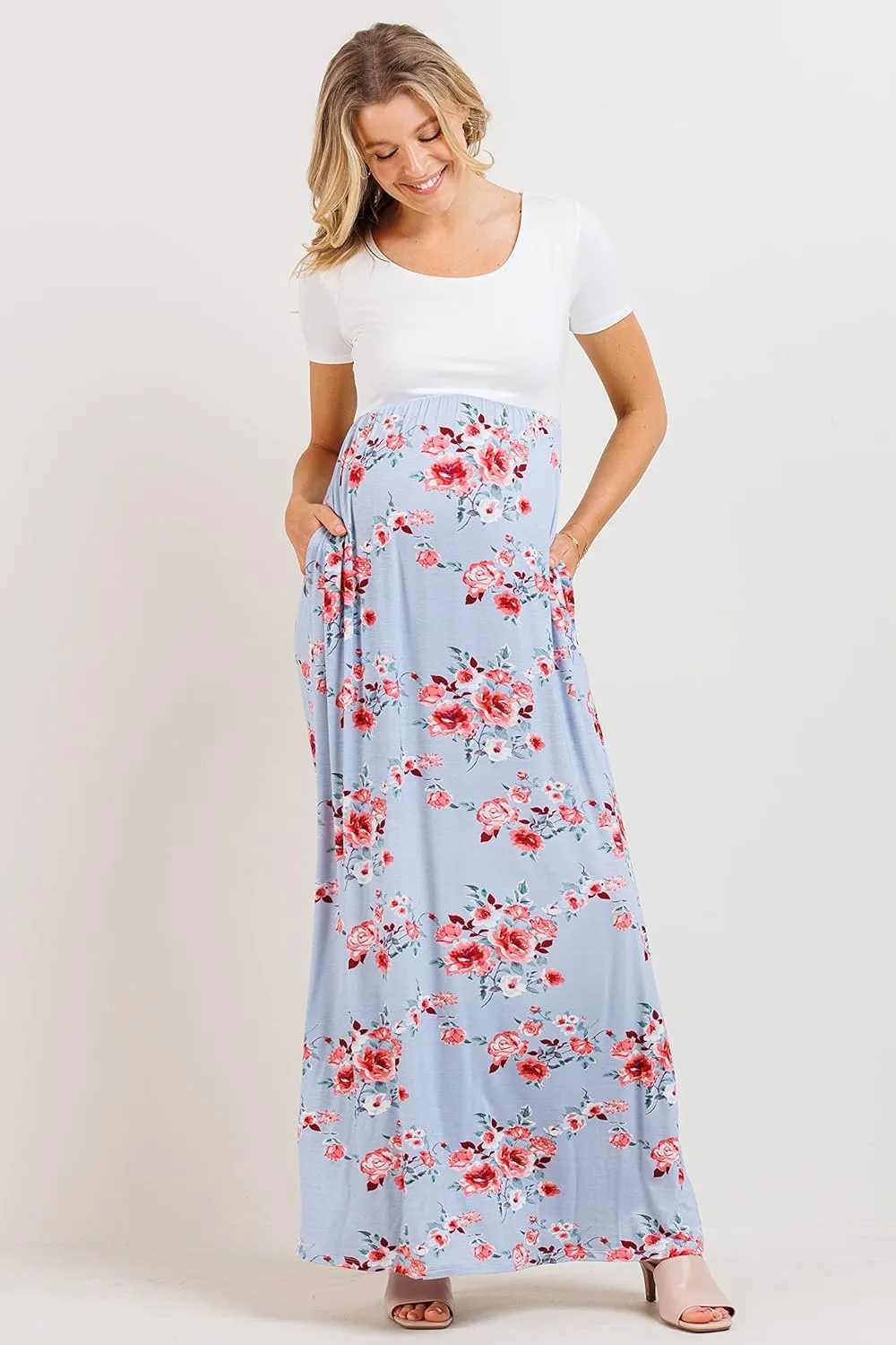 LaClef Women's Maternity Short Sleeve Empire Waist Summer Maxi Dress with Pockets