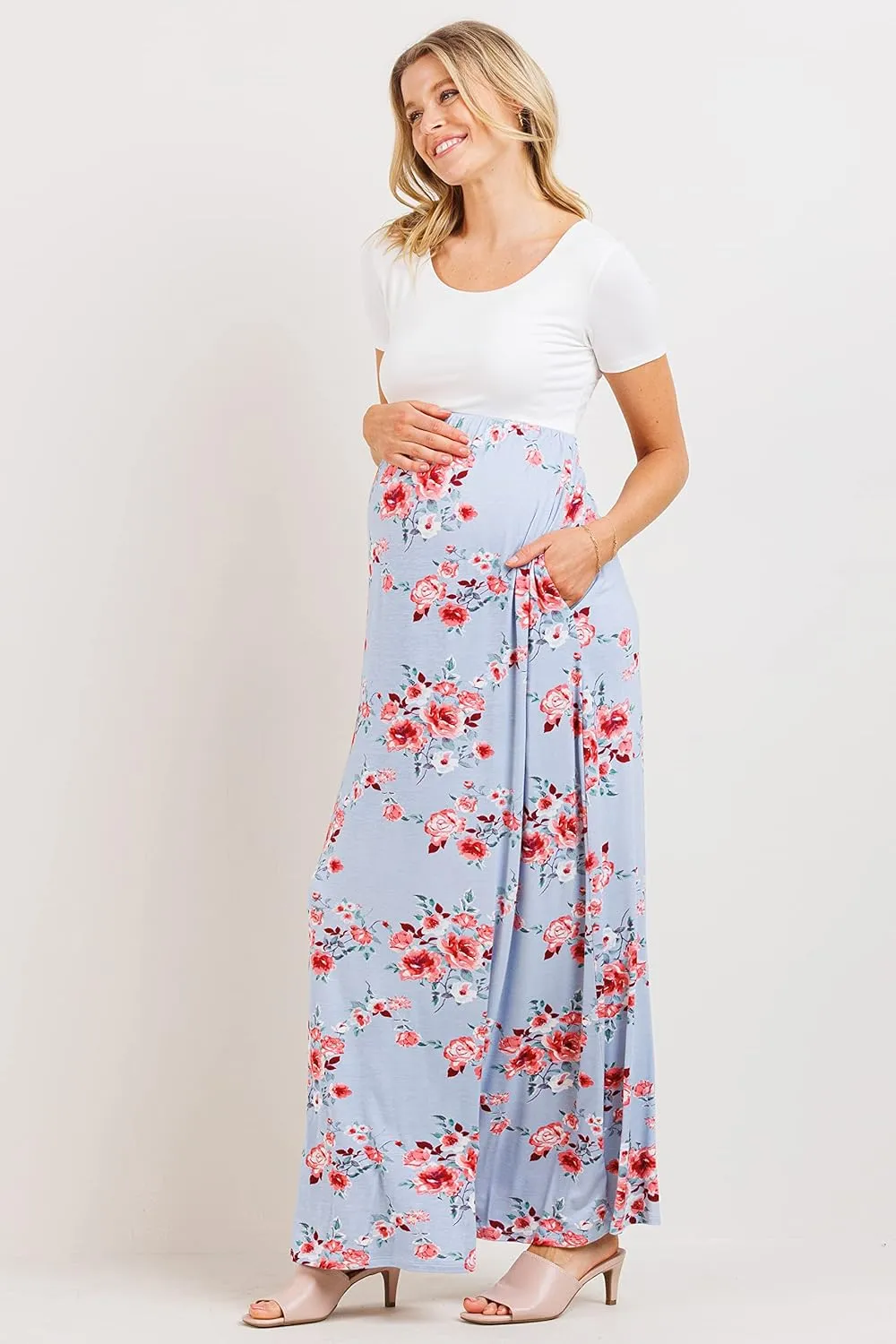 LaClef Women's Maternity Short Sleeve Empire Waist Summer Maxi Dress with Pockets
