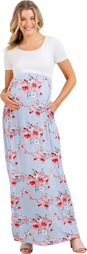 LaClef Women's Maternity Short Sleeve Empire Waist Summer Maxi Dress with Pockets