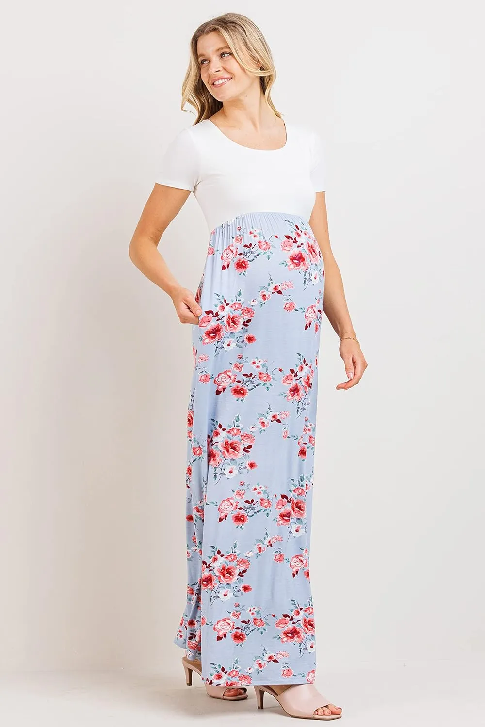 LaClef Women's Maternity Short Sleeve Empire Waist Summer Maxi Dress with Pockets