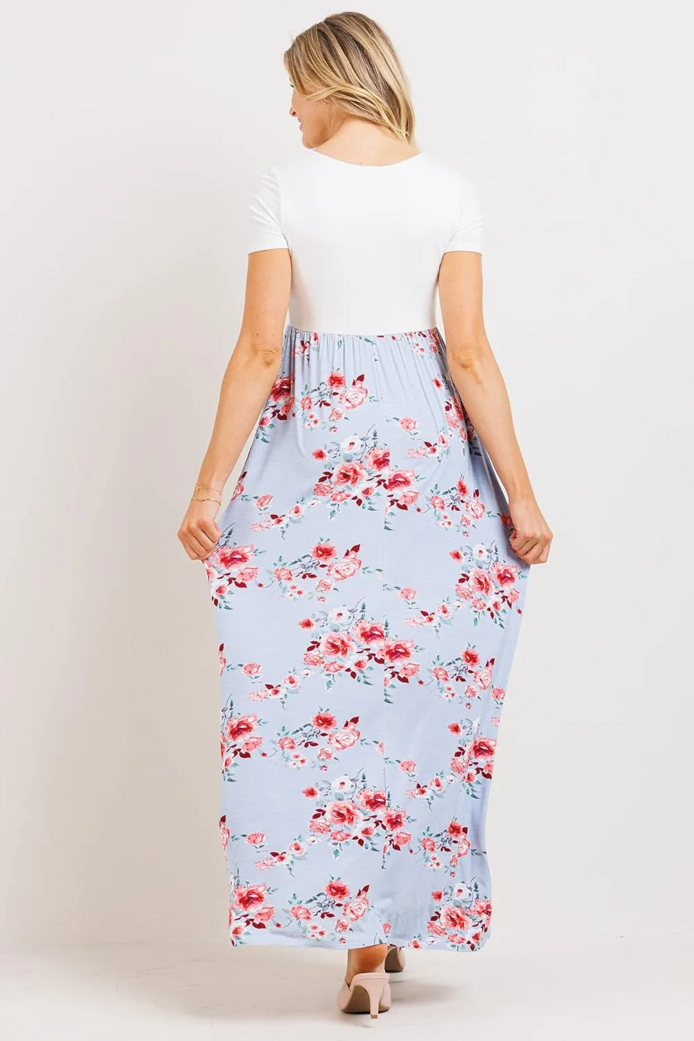 LaClef Women's Maternity Short Sleeve Empire Waist Summer Maxi Dress with Pockets