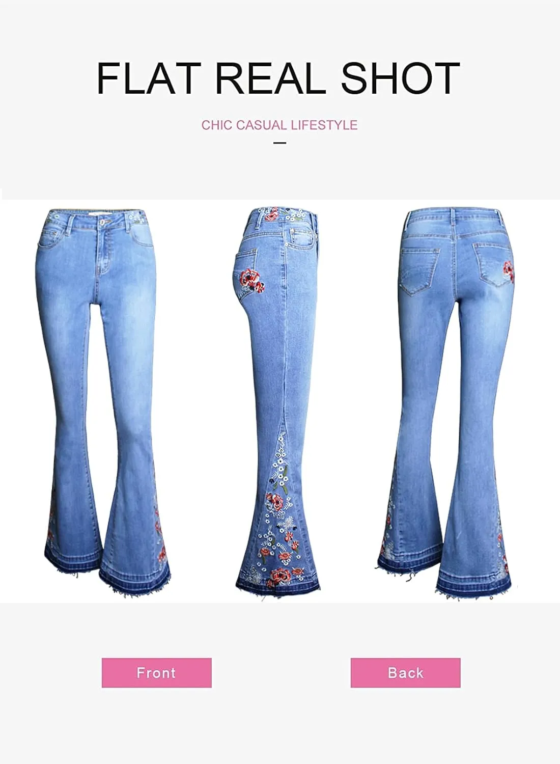 LAFOURAM Bell Bottom Jeans for Women High Waist Flared Wide Leg Denim Floral Embroidered Pants