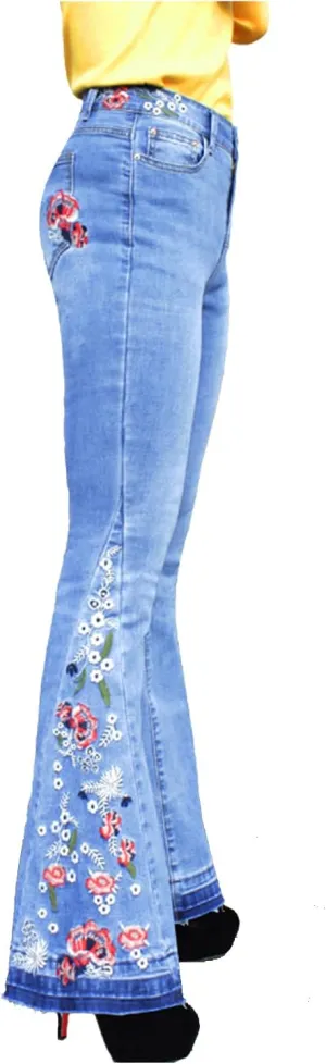 LAFOURAM Bell Bottom Jeans for Women High Waist Flared Wide Leg Denim Floral Embroidered Pants
