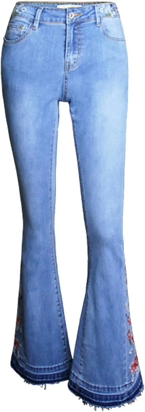 LAFOURAM Bell Bottom Jeans for Women High Waist Flared Wide Leg Denim Floral Embroidered Pants
