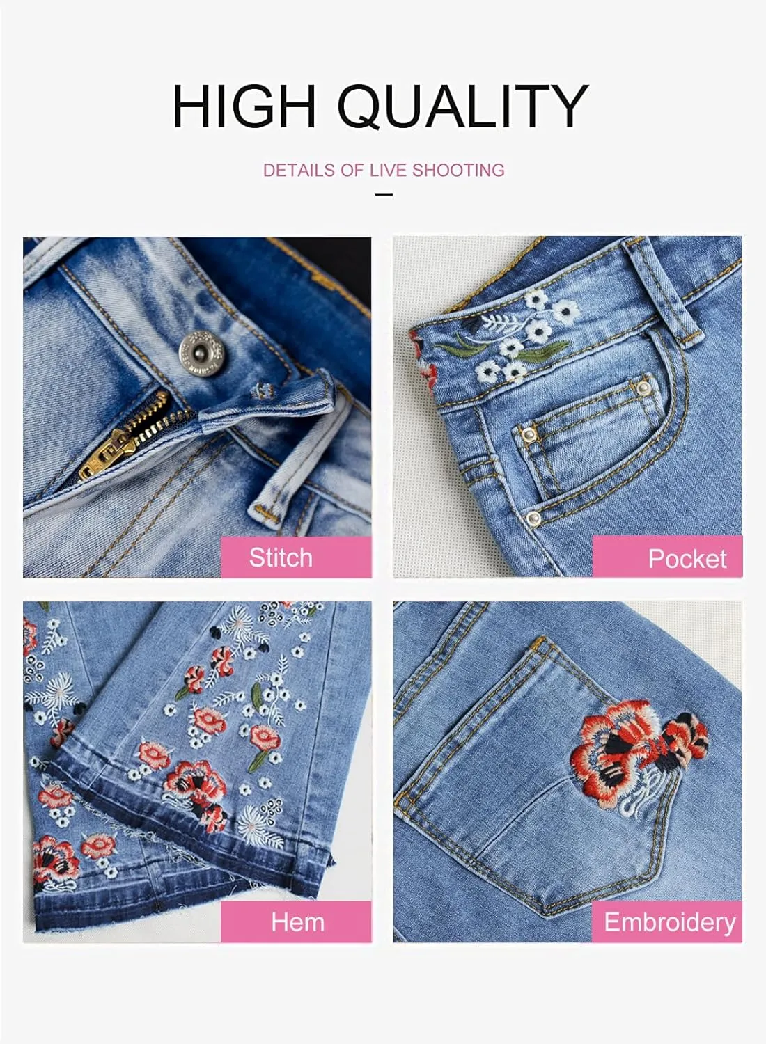 LAFOURAM Bell Bottom Jeans for Women High Waist Flared Wide Leg Denim Floral Embroidered Pants