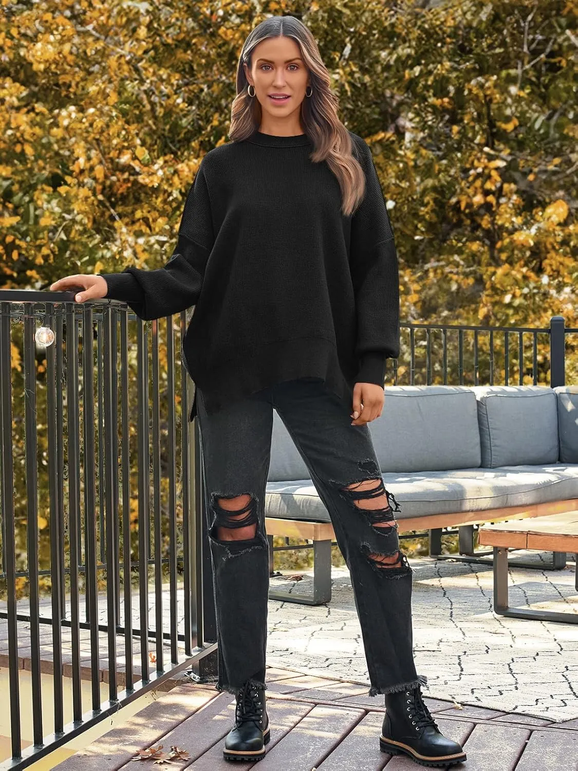LILLUSORY Women's Oversized Batwing Sweaters 2025 Fall Outfits Trendy Crewneck Knit Side Slit Fashion Pullover Tops