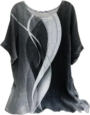 Linen Shirts for Women Summer 2025 Plus Size Crewneck Short Sleeve Blouses Loose Casual Fashion Printed Boho Tops