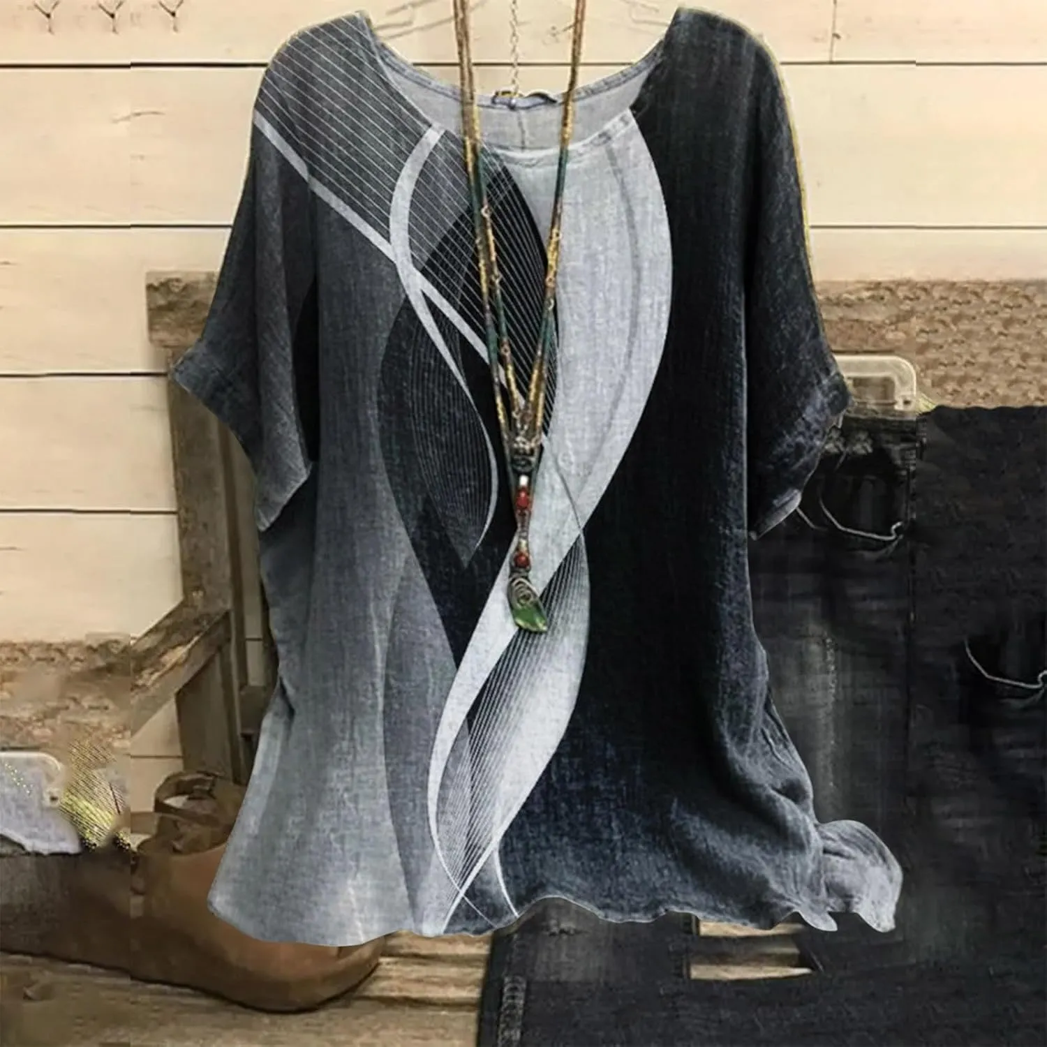 Linen Shirts for Women Summer 2025 Plus Size Crewneck Short Sleeve Blouses Loose Casual Fashion Printed Boho Tops