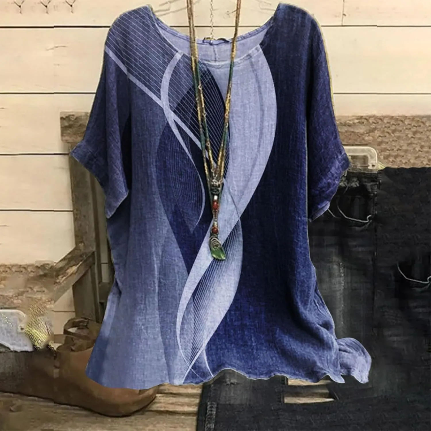 Linen Shirts for Women Summer 2025 Plus Size Crewneck Short Sleeve Blouses Loose Casual Fashion Printed Boho Tops