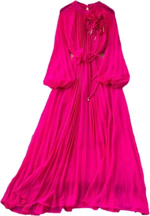 Long Sleeve Hollow Out Ruffle A-Line Vintage Dress Elegant High Waist Korean Fashion Dress