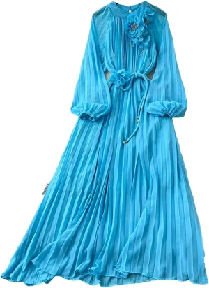 Long Sleeve Hollow Out Ruffle A-Line Vintage Dress Elegant High Waist Korean Fashion Dress
