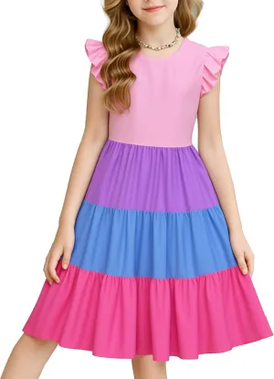 LQSZ Girls Summer Dresses with Ruffle Short Sleeve Midi Casual A-Line Twirly School Sundress Size 3-12 Years