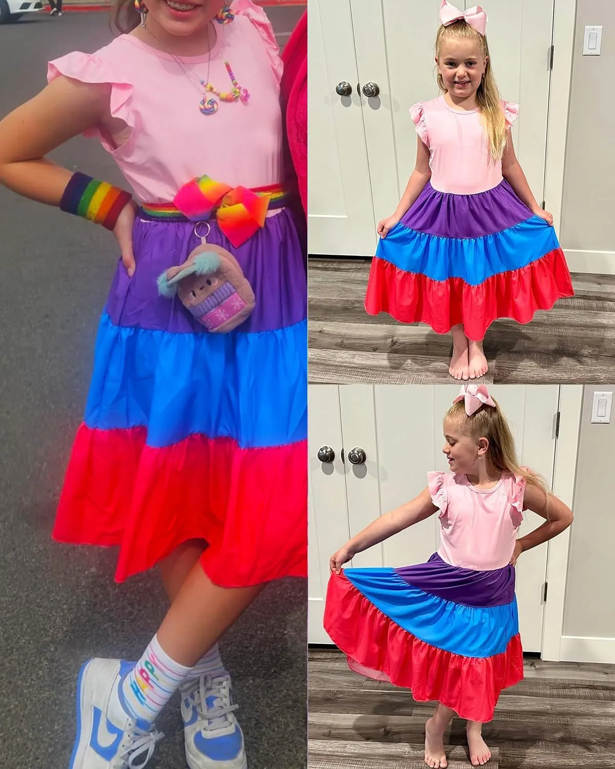 LQSZ Girls Summer Dresses with Ruffle Short Sleeve Midi Casual A-Line Twirly School Sundress Size 3-12 Years