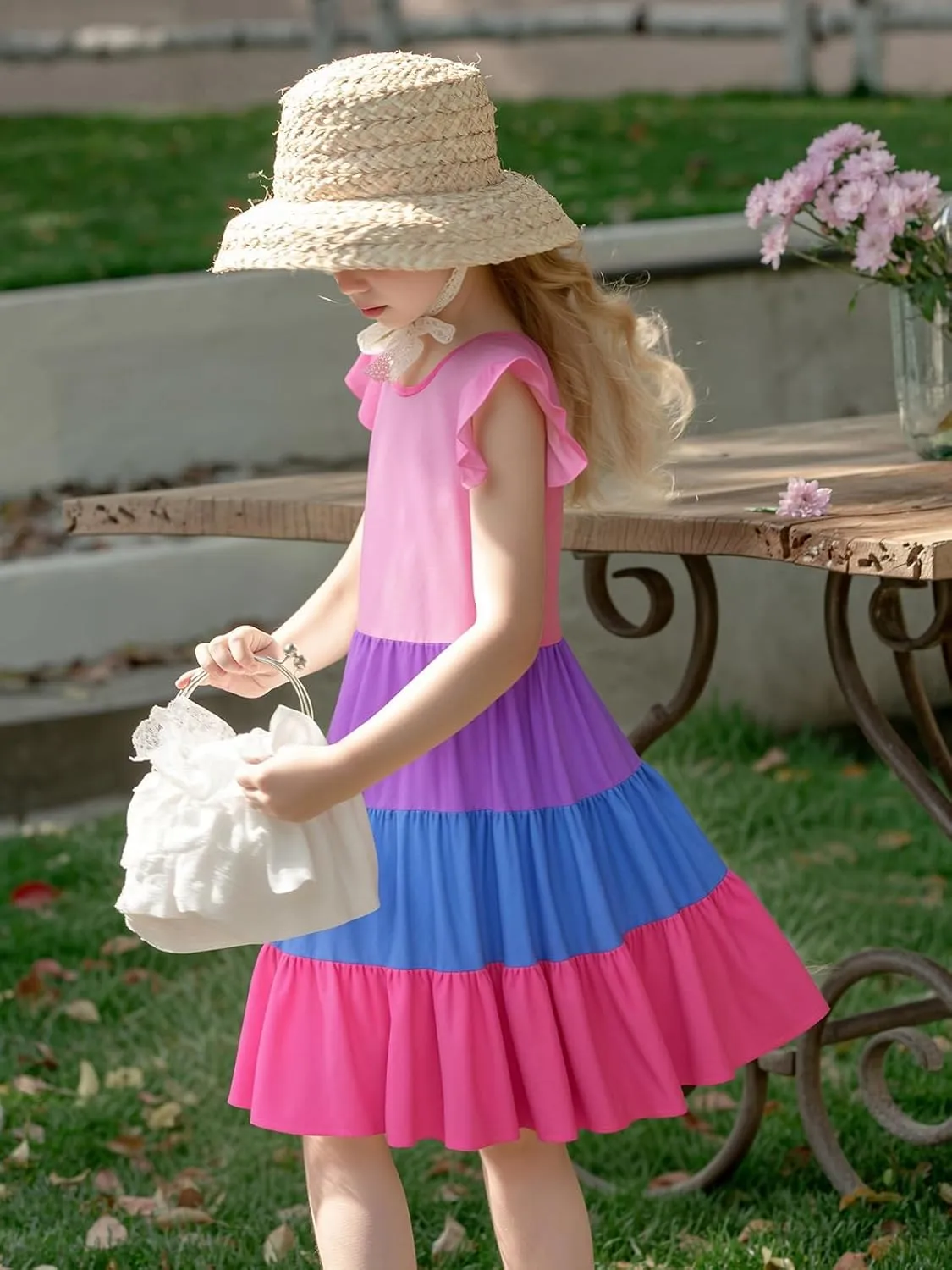 LQSZ Girls Summer Dresses with Ruffle Short Sleeve Midi Casual A-Line Twirly School Sundress Size 3-12 Years