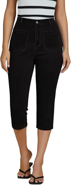 luvamia Capris Jeans for Women Trendy High Waisted Patch Pocket Casual Summer Cropped Stretchy Denim Skinny Capri Pants