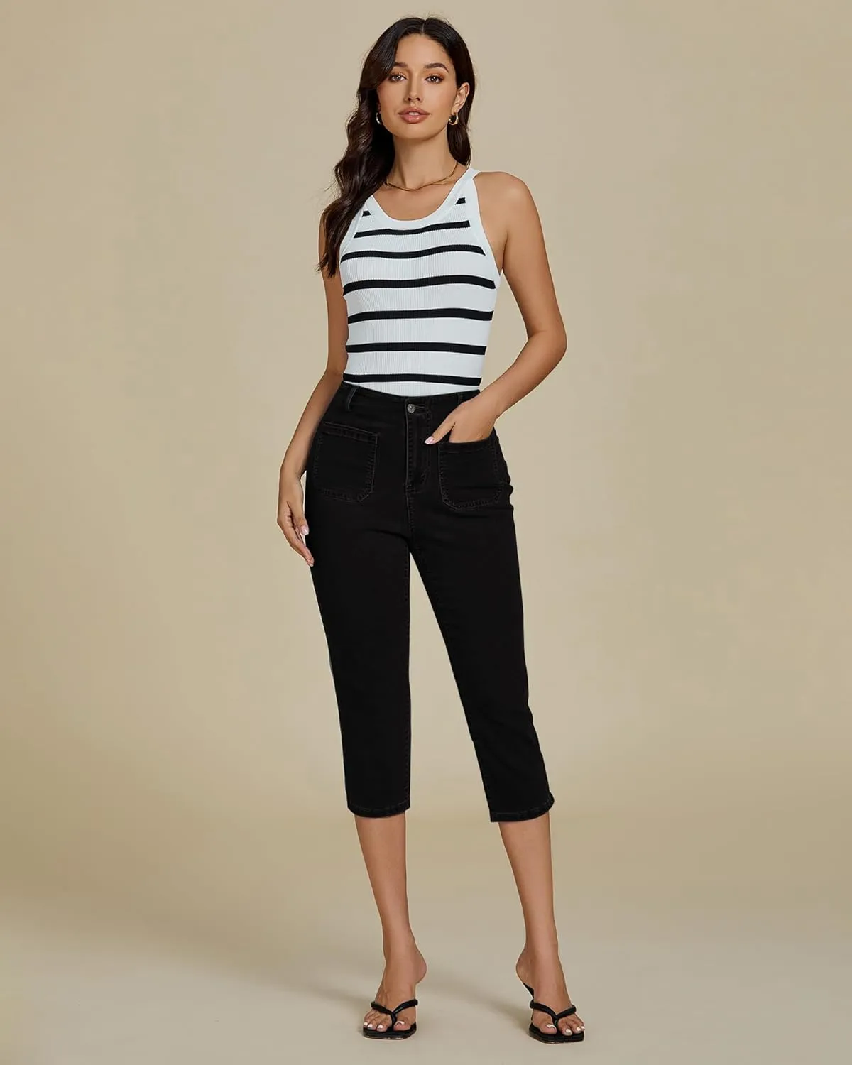 luvamia Capris Jeans for Women Trendy High Waisted Patch Pocket Casual Summer Cropped Stretchy Denim Skinny Capri Pants