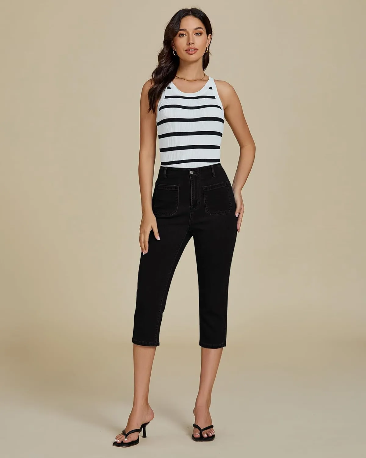 luvamia Capris Jeans for Women Trendy High Waisted Patch Pocket Casual Summer Cropped Stretchy Denim Skinny Capri Pants