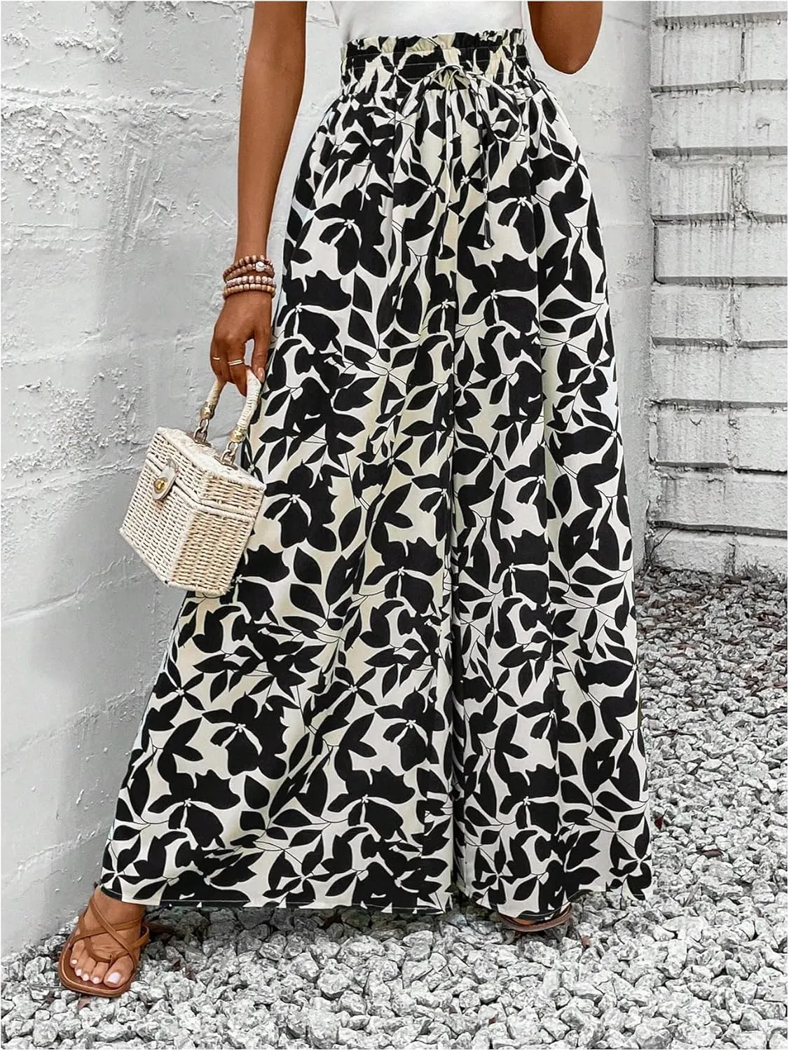 MakeMeChic Women's Floral Wide Leg Trousers Elastic High Waist Frill Trim Loose Long Palazzo Pants