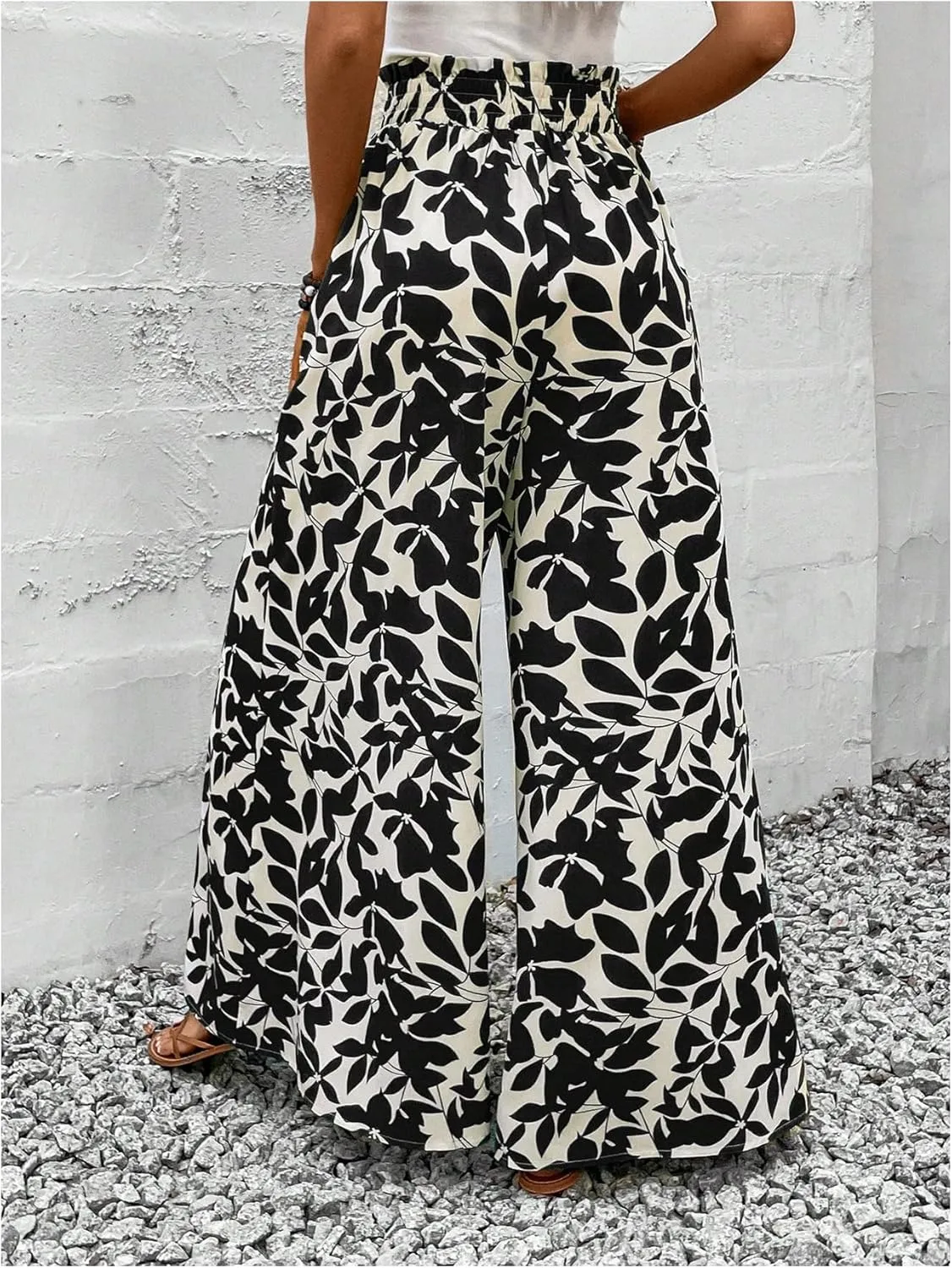 MakeMeChic Women's Floral Wide Leg Trousers Elastic High Waist Frill Trim Loose Long Palazzo Pants