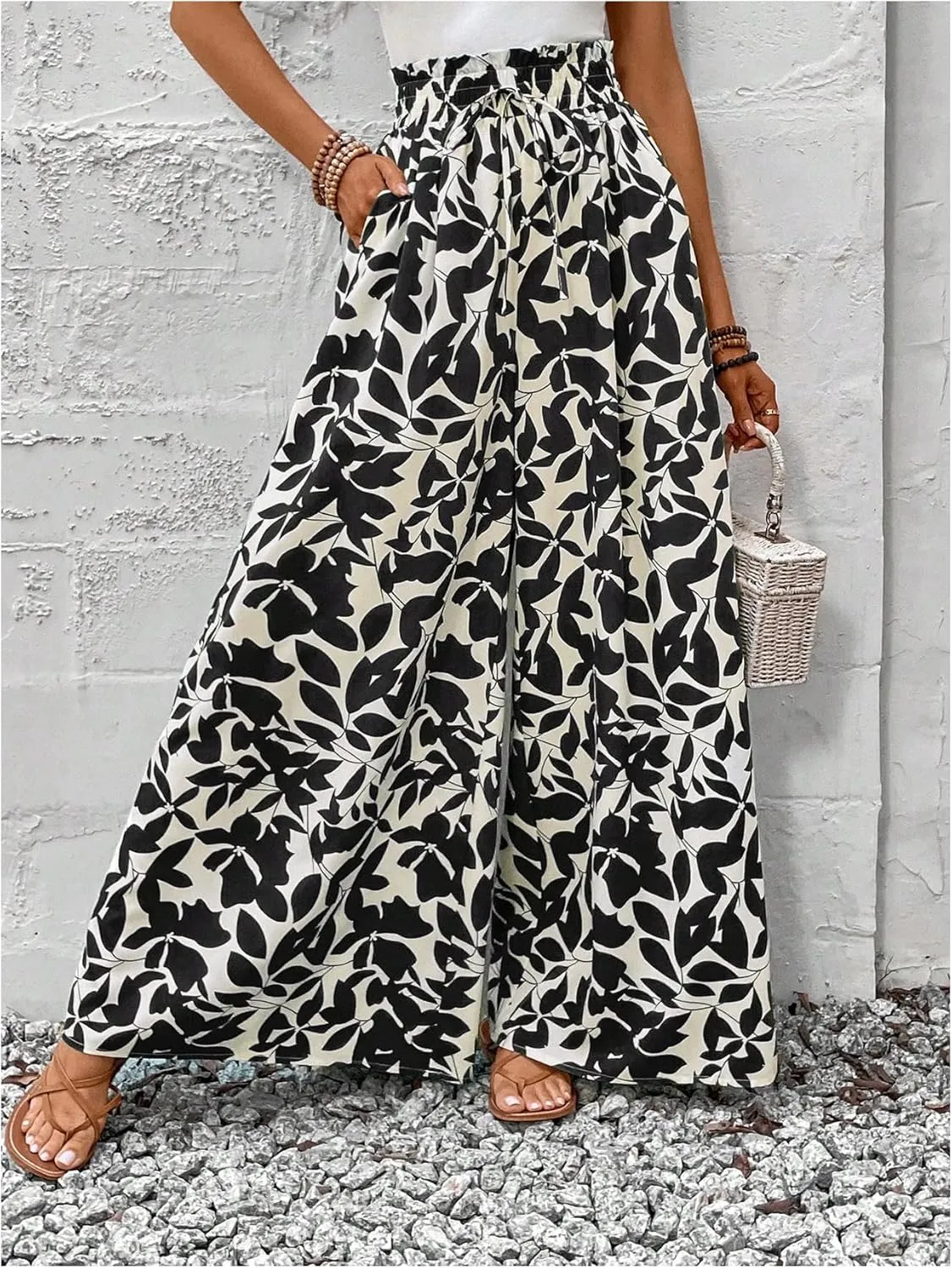 MakeMeChic Women's Floral Wide Leg Trousers Elastic High Waist Frill Trim Loose Long Palazzo Pants