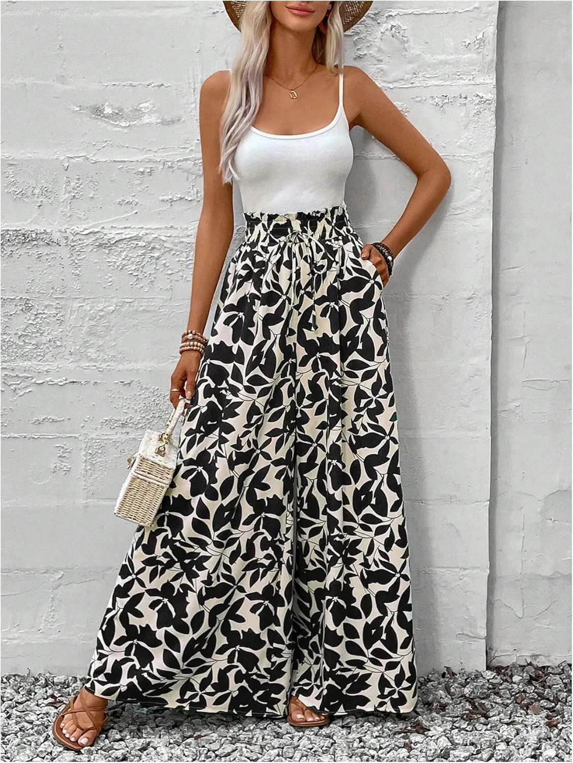 MakeMeChic Women's Floral Wide Leg Trousers Elastic High Waist Frill Trim Loose Long Palazzo Pants