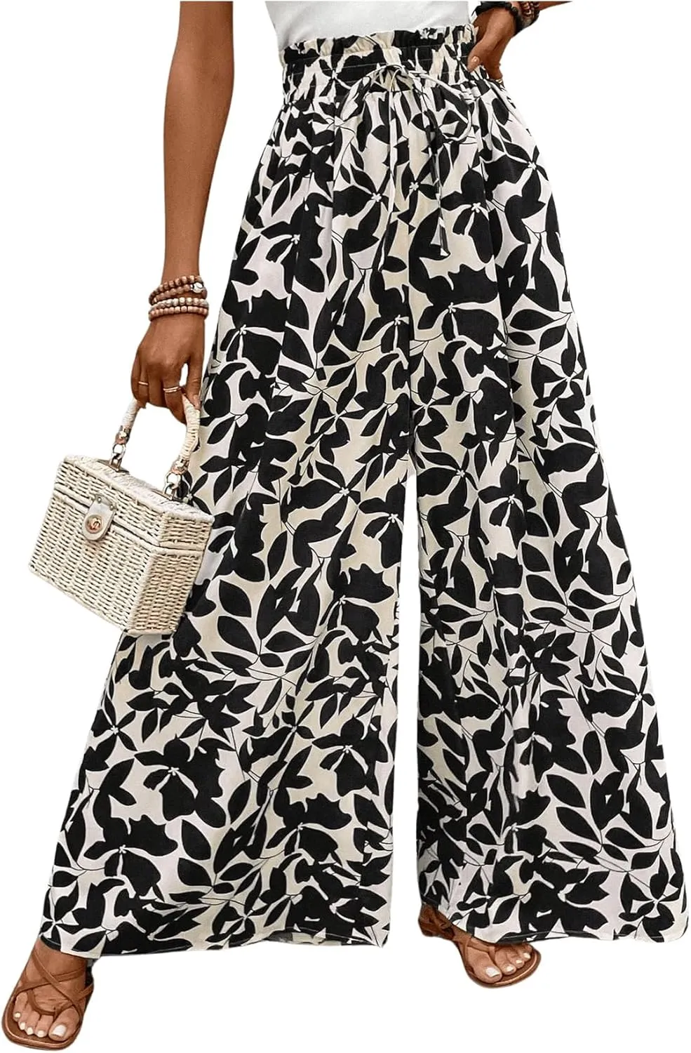 MakeMeChic Women's Floral Wide Leg Trousers Elastic High Waist Frill Trim Loose Long Palazzo Pants