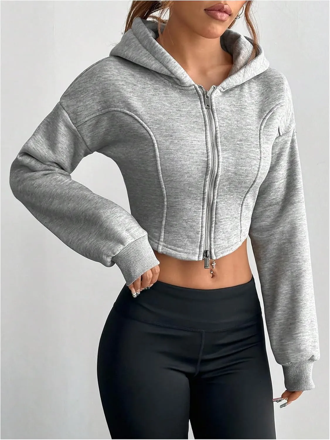 MakeMeChic Women's Full Zip Hooded Sweatshirt Long Sleeve Cropped Jacket