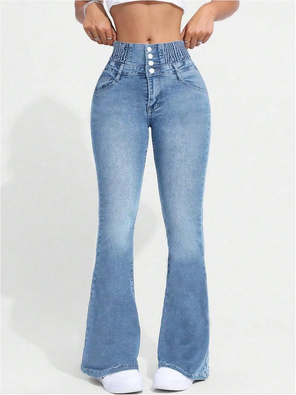 MakeMeChic Women's High Waisted Flare Jeans Y2K Denim Pants Bell Bottom Shirred Skinny Trousers with Pocket