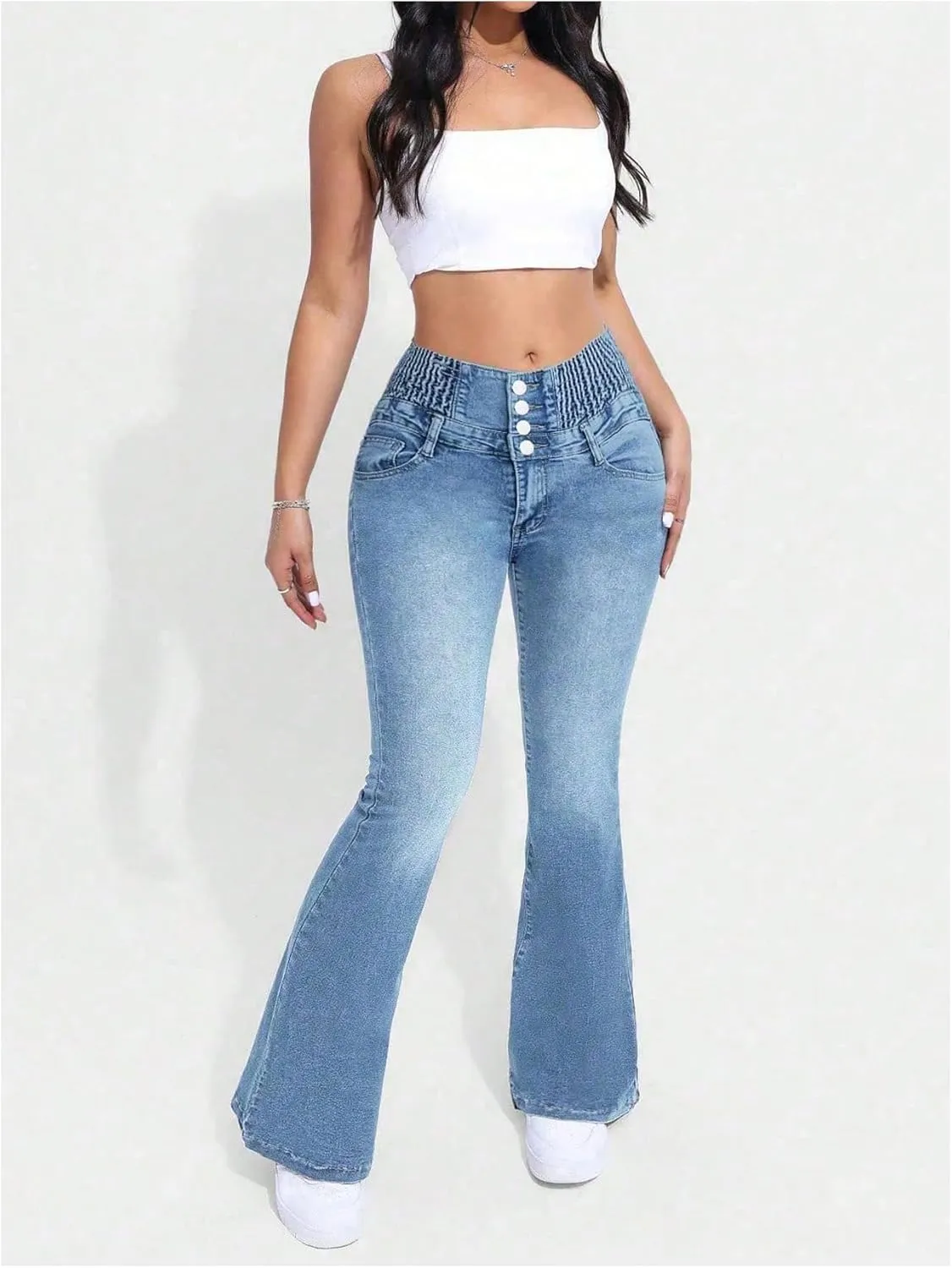 MakeMeChic Women's High Waisted Flare Jeans Y2K Denim Pants Bell Bottom Shirred Skinny Trousers with Pocket