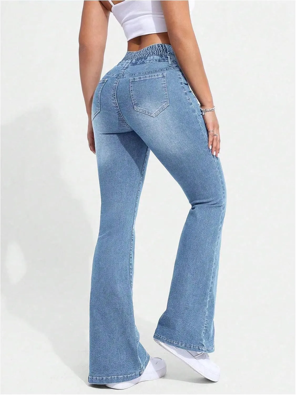 MakeMeChic Women's High Waisted Flare Jeans Y2K Denim Pants Bell Bottom Shirred Skinny Trousers with Pocket