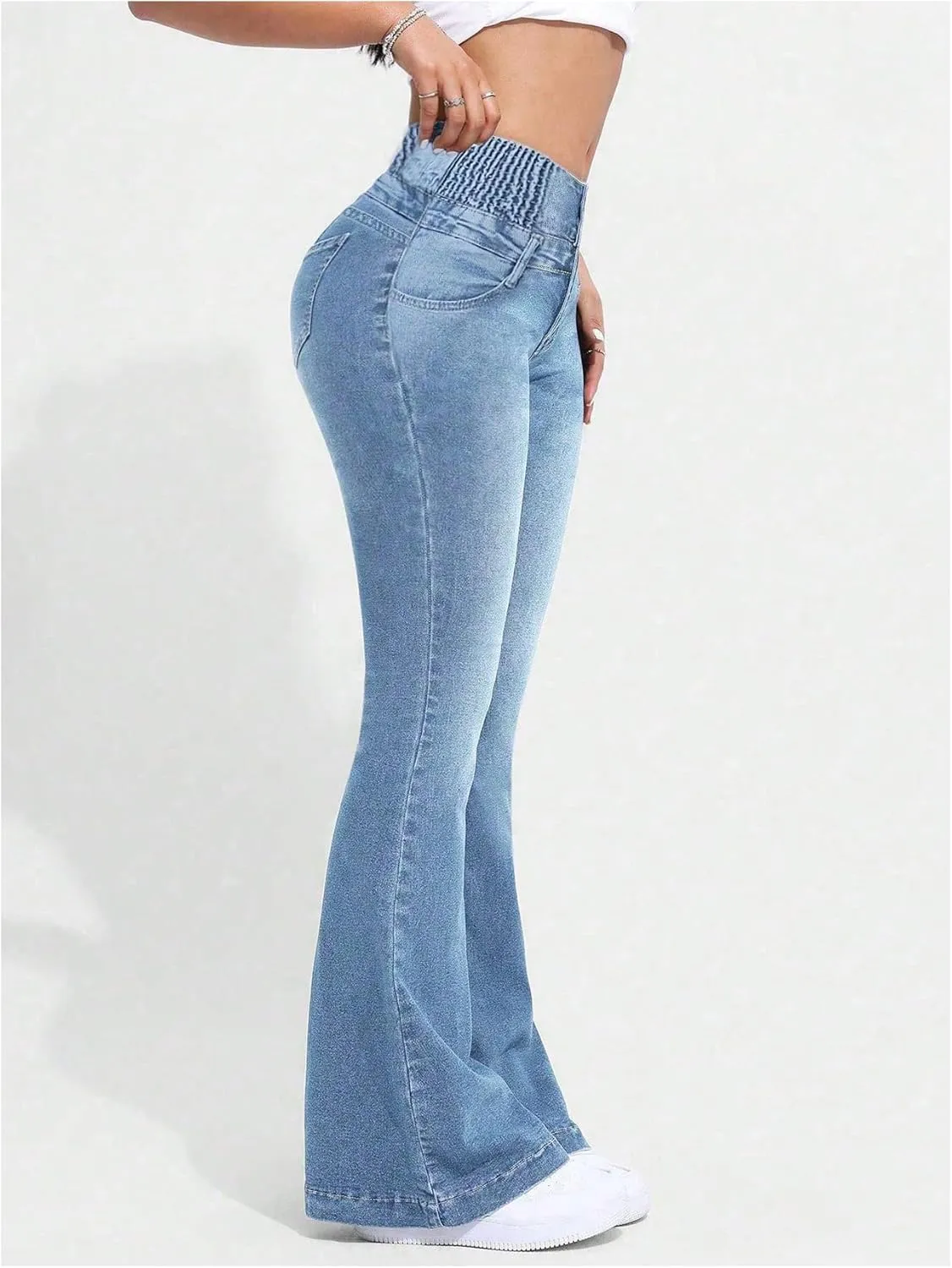 MakeMeChic Women's High Waisted Flare Jeans Y2K Denim Pants Bell Bottom Shirred Skinny Trousers with Pocket
