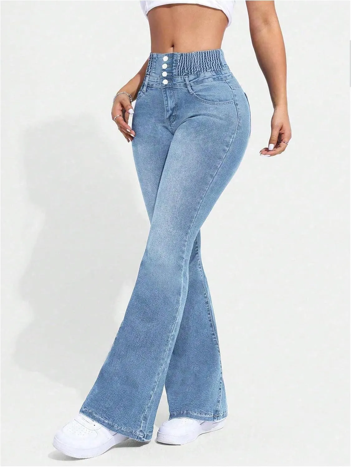 MakeMeChic Women's High Waisted Flare Jeans Y2K Denim Pants Bell Bottom Shirred Skinny Trousers with Pocket