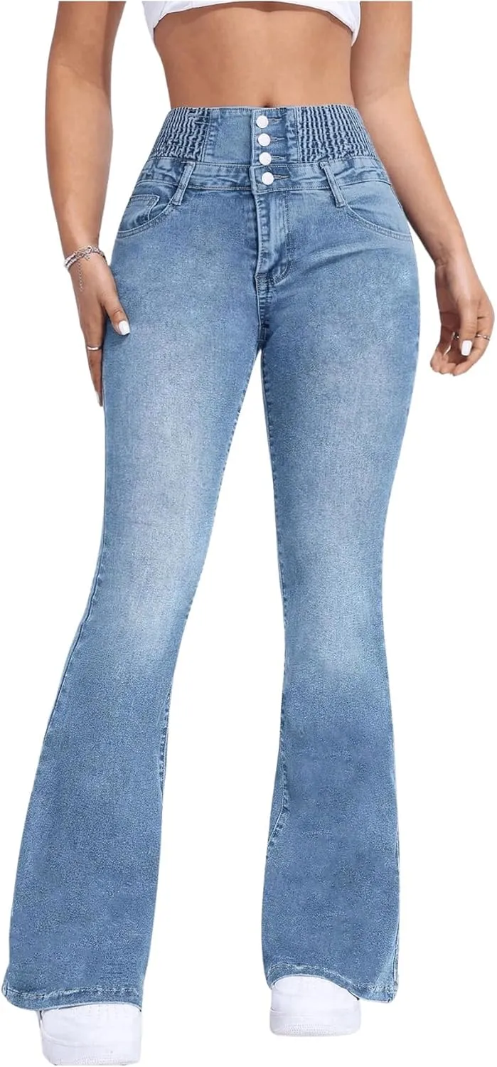 MakeMeChic Women's High Waisted Flare Jeans Y2K Denim Pants Bell Bottom Shirred Skinny Trousers with Pocket