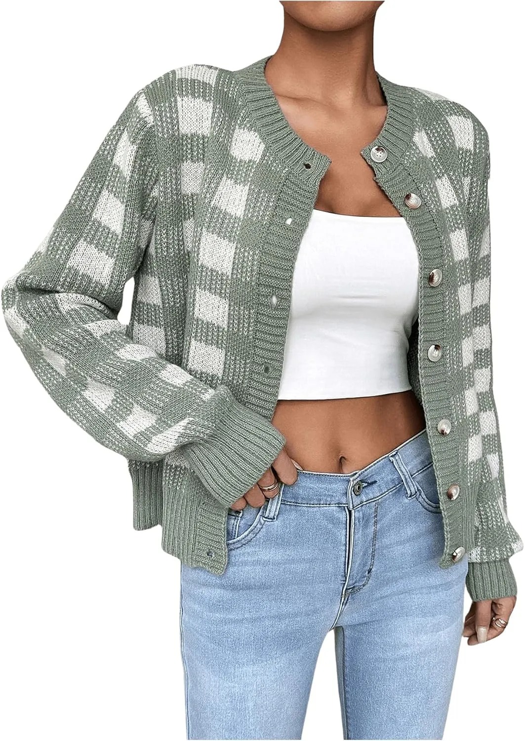 MakeMeChic Women's Plaid Gingham Cable Knit Cropped Cardigan Sweaters Crew Neck Long Sleeve Outerwear