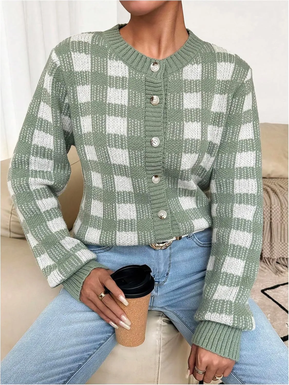 MakeMeChic Women's Plaid Gingham Cable Knit Cropped Cardigan Sweaters Crew Neck Long Sleeve Outerwear