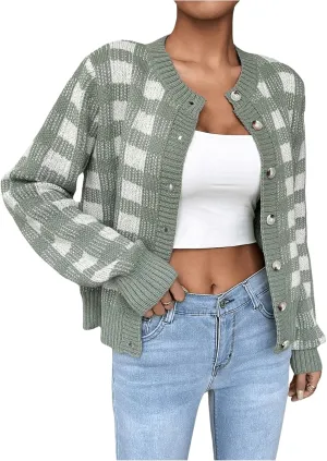 MakeMeChic Women's Plaid Gingham Cable Knit Cropped Cardigan Sweaters Crew Neck Long Sleeve Outerwear