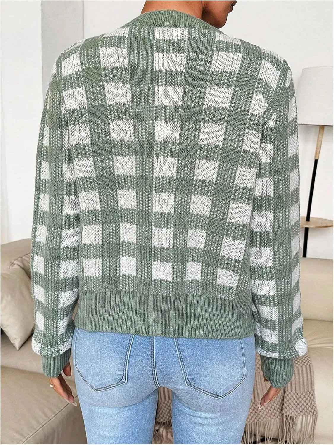 MakeMeChic Women's Plaid Gingham Cable Knit Cropped Cardigan Sweaters Crew Neck Long Sleeve Outerwear