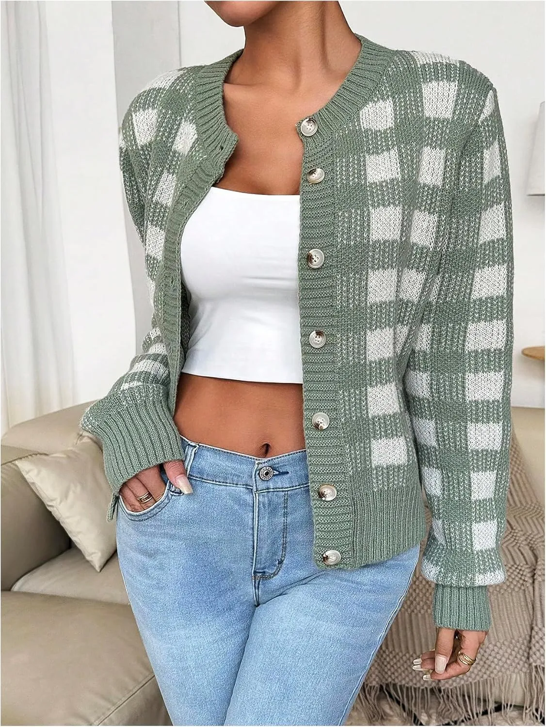 MakeMeChic Women's Plaid Gingham Cable Knit Cropped Cardigan Sweaters Crew Neck Long Sleeve Outerwear
