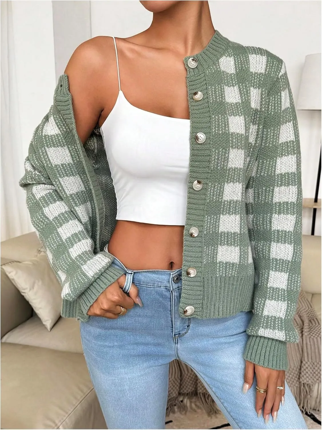 MakeMeChic Women's Plaid Gingham Cable Knit Cropped Cardigan Sweaters Crew Neck Long Sleeve Outerwear