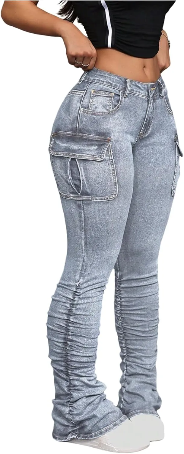 MakeMeChic Women's Vintage Denim Pants Ruched Skinny Y2K Cargo Jeans with Pockets