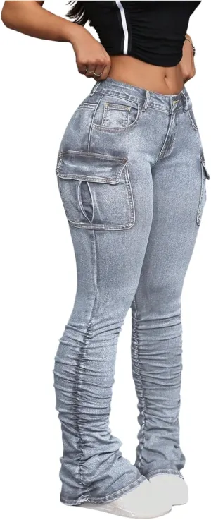 MakeMeChic Women's Vintage Denim Pants Ruched Skinny Y2K Cargo Jeans with Pockets