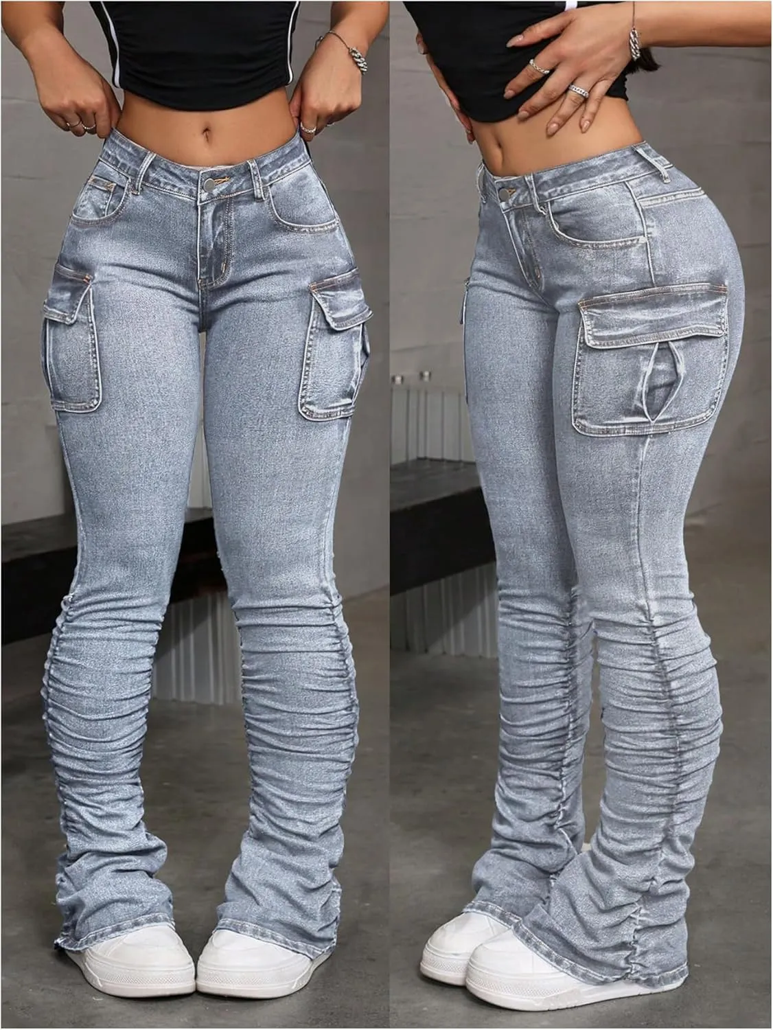 MakeMeChic Women's Vintage Denim Pants Ruched Skinny Y2K Cargo Jeans with Pockets