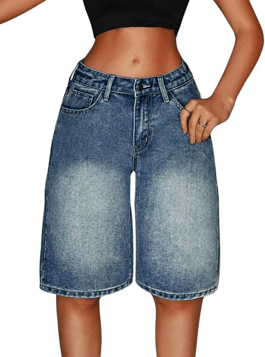 MakeMeChic Women's Y2k Straight Leg Denim Shorts High Waisted Zip Up Knee Length Vintage Casual Jean Shorts