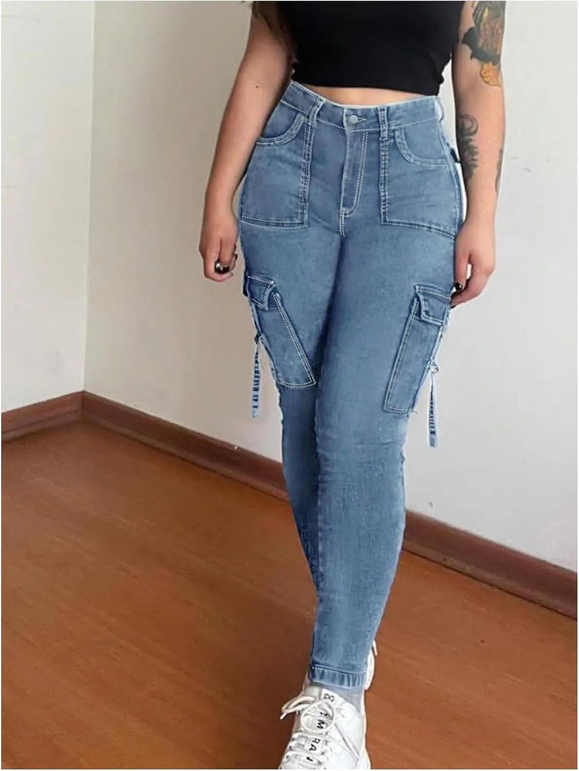 MakeMeChic Women's Zipper Fly Cargo Jeans Skinny Y2K Denim Pants Teousers with Pockets