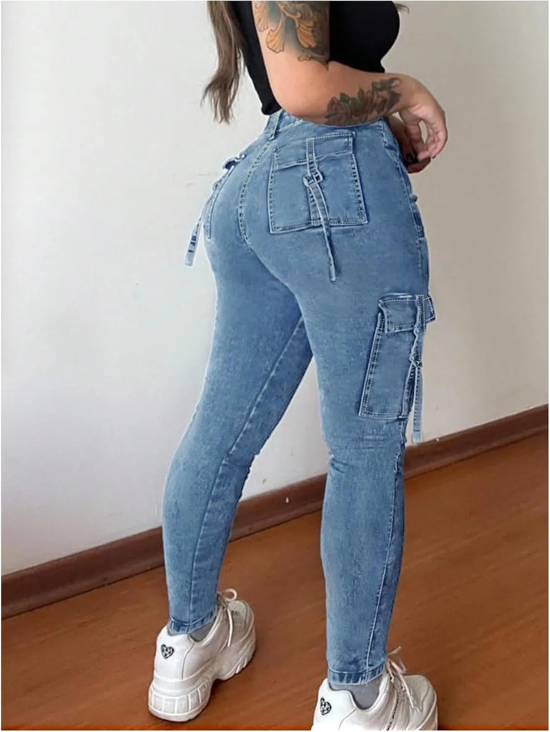 MakeMeChic Women's Zipper Fly Cargo Jeans Skinny Y2K Denim Pants Teousers with Pockets