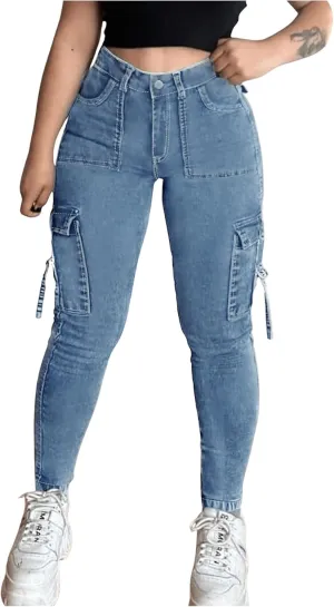 MakeMeChic Women's Zipper Fly Cargo Jeans Skinny Y2K Denim Pants Teousers with Pockets