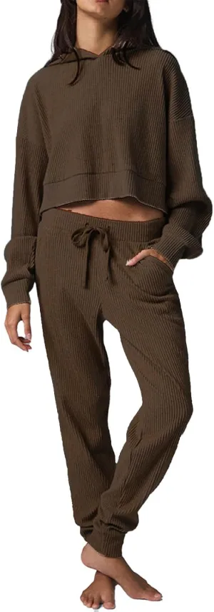 Mandonce Sweat Suits for Women 2 Piece Corduroy Cropped Hooded Sweatshirt Cotton Sweatpants Jogger Sets Athleisure Loungewear