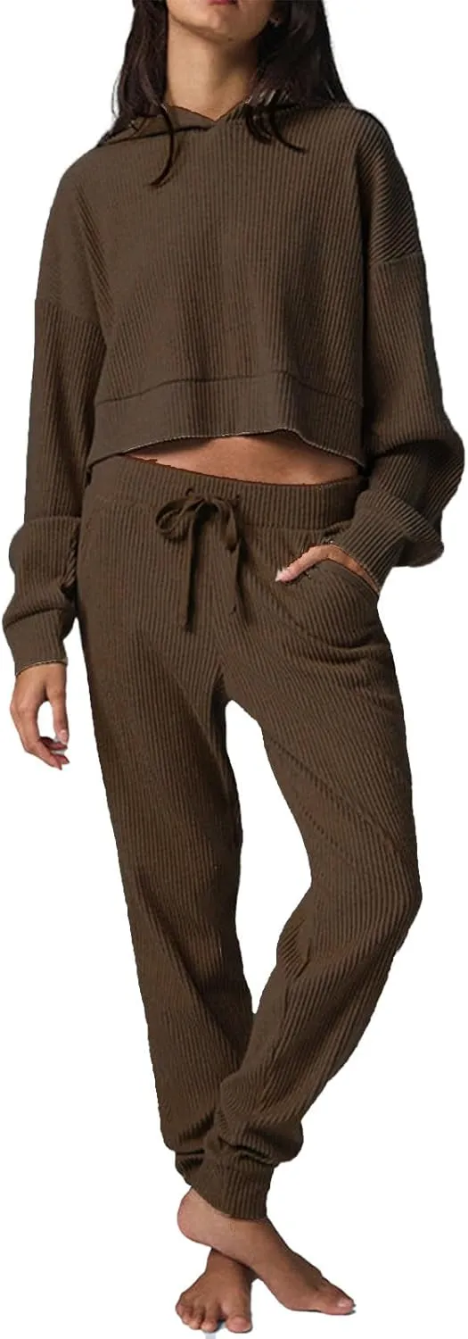 Mandonce Sweat Suits for Women 2 Piece Corduroy Cropped Hooded Sweatshirt Cotton Sweatpants Jogger Sets Athleisure Loungewear
