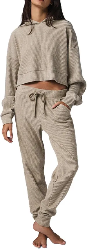 Mandonce Sweat Suits for Women 2 Piece Corduroy Cropped Hooded Sweatshirt Cotton Sweatpants Jogger Sets Athleisure Loungewear